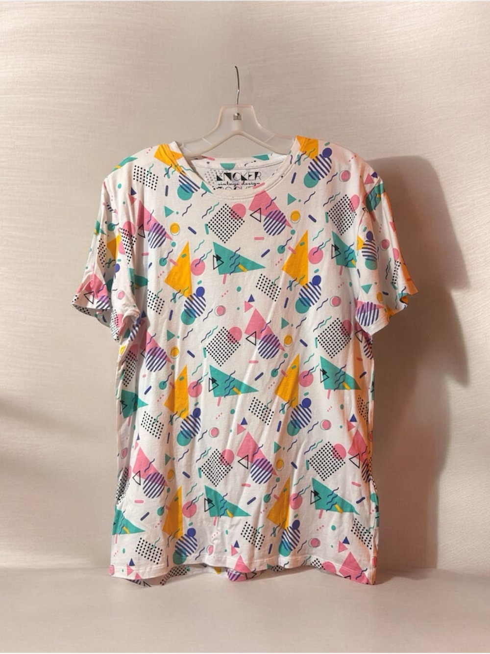 Knickerbocker White Geometric Print Memphis Design Crew Neck T-Shirt Unisex